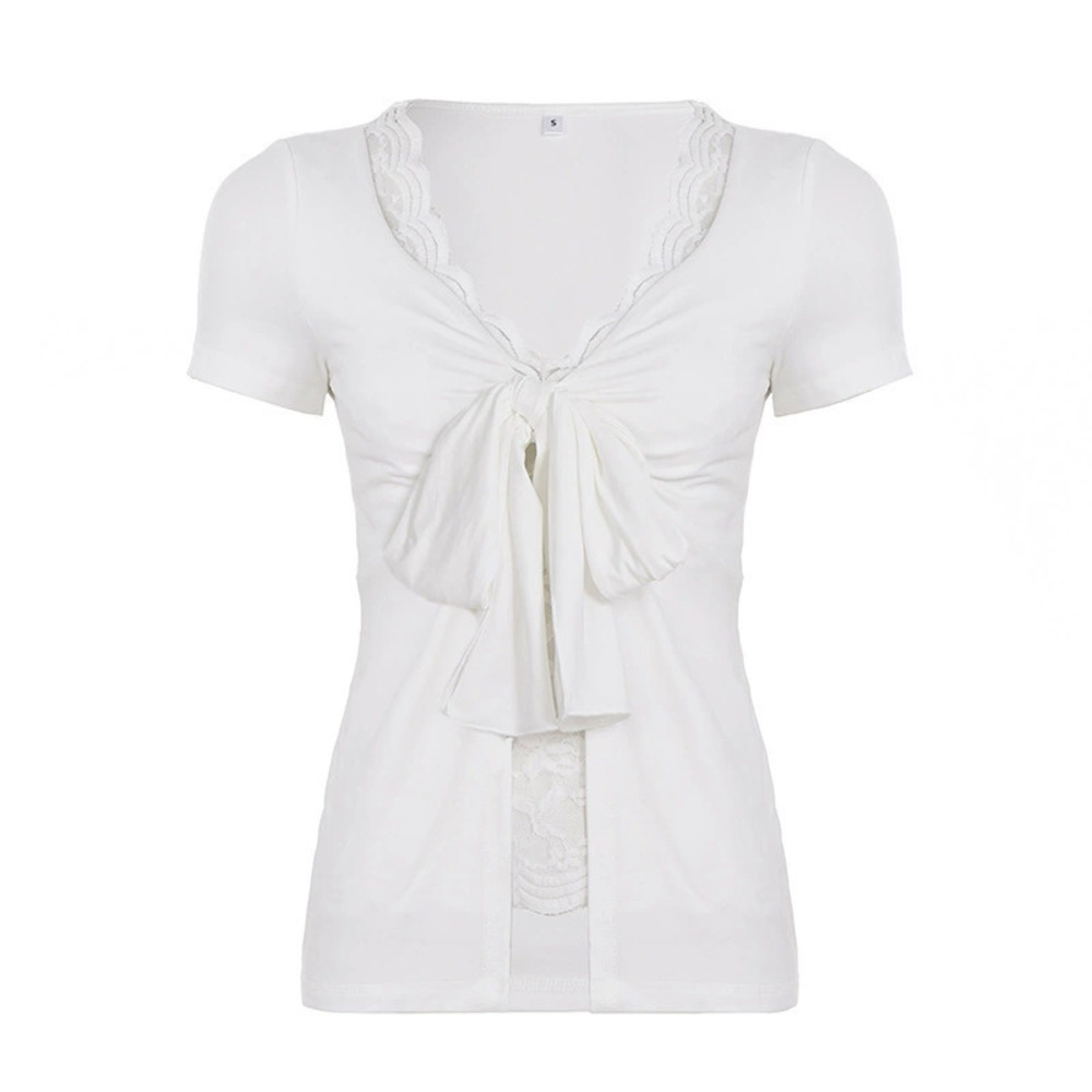 Zara Casual Solid Color Lace Bow Tie Fake 2-Piece Top - Picture 6 of 7